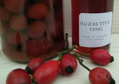 Gläser mit Hagebutten in Essig, beschriftet mit Hagebuttenessig