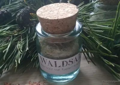 Glas mit grünem Waldsalz zwischen Kiefernzweigen
