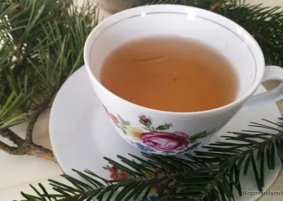 Tasse Waldtee mit Rosenmuster neben Tannenzweigen